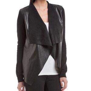 Michael Kors Waterfall Drape Cardigan XS Black Faux Leather Jacket Comfy Sweater
